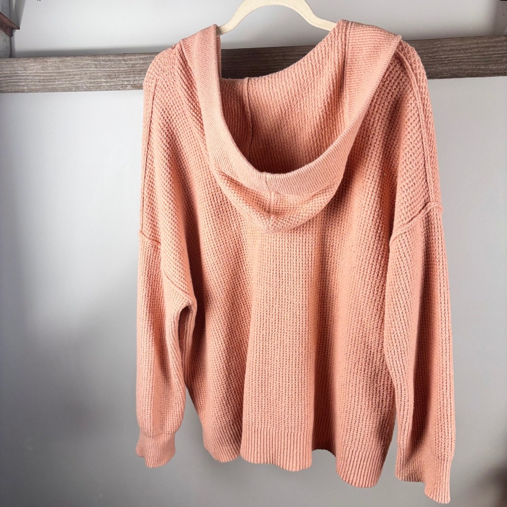 Aerie Waffle Knit Hoodie Pullover Peach Oversized V Neck Sweater - Picture 7 of 12